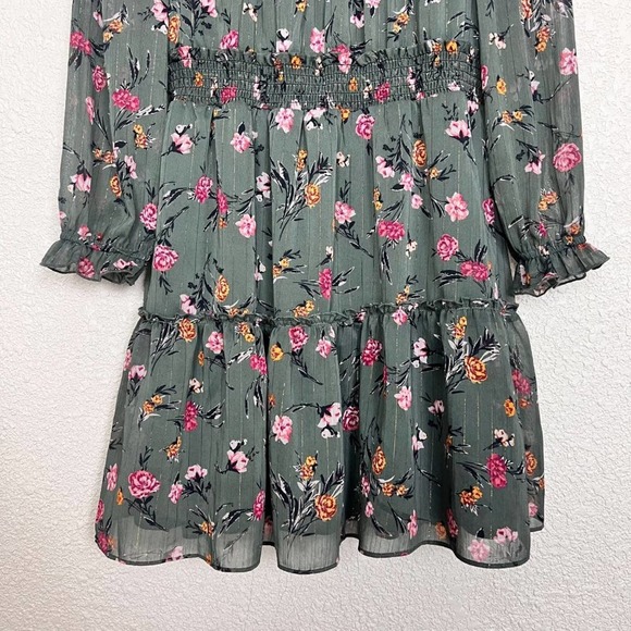 Drew Womens Green Floral Chiffon Dress Small Smocked Ruffle Lined Keyhole NWT - Picture 7 of 12